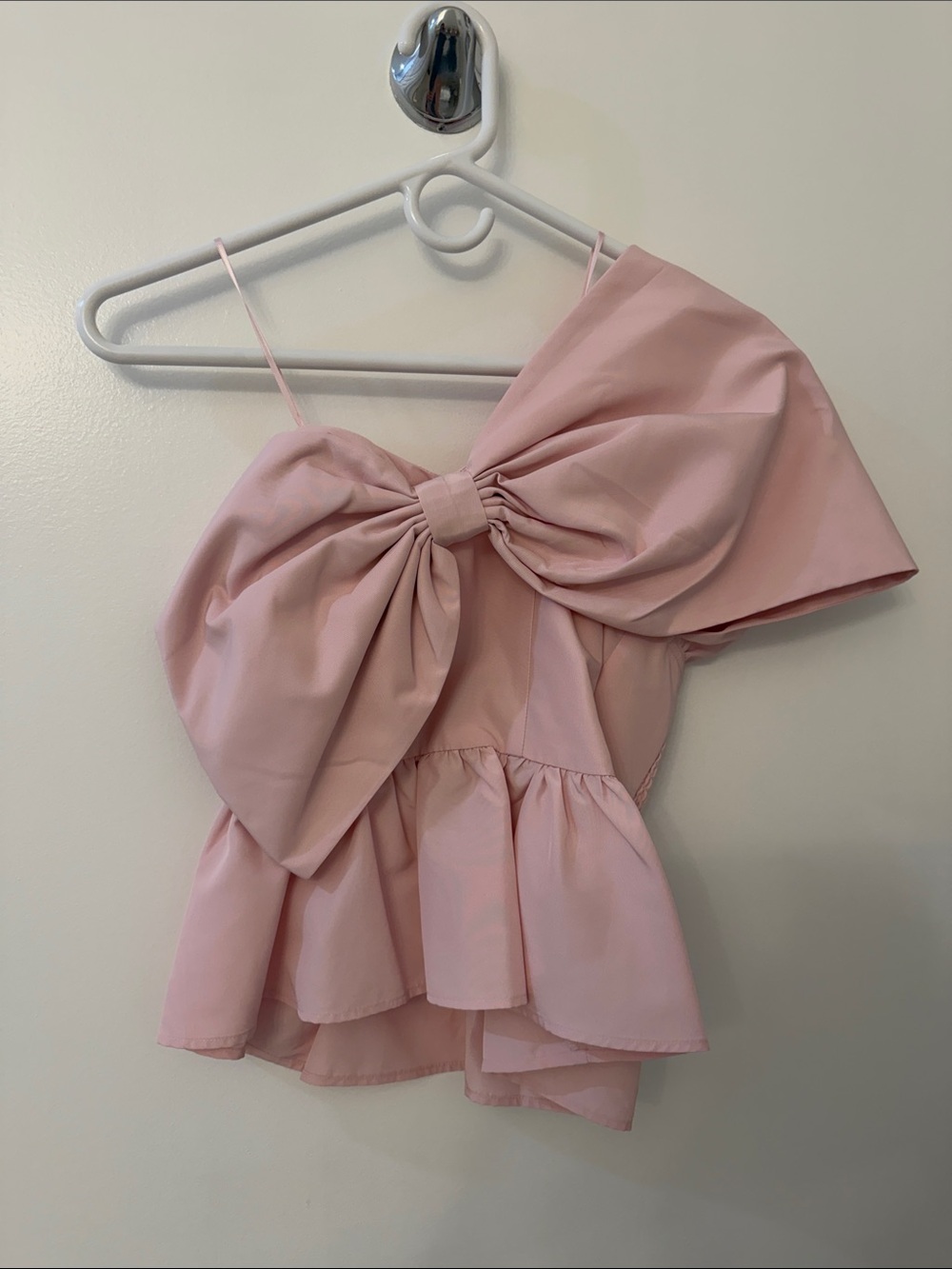 Pink Bow Peplum One-Shoulder Top